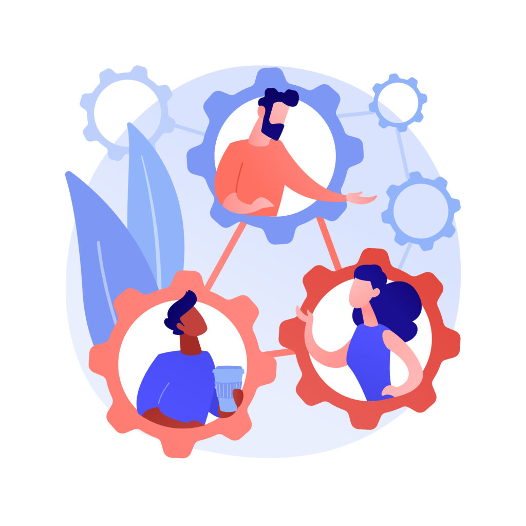Illustration représentant trois personnes chacune dans un rouage, symbolisant la proximité, la collaboration et la communication au sein d’un travail d’équipe.