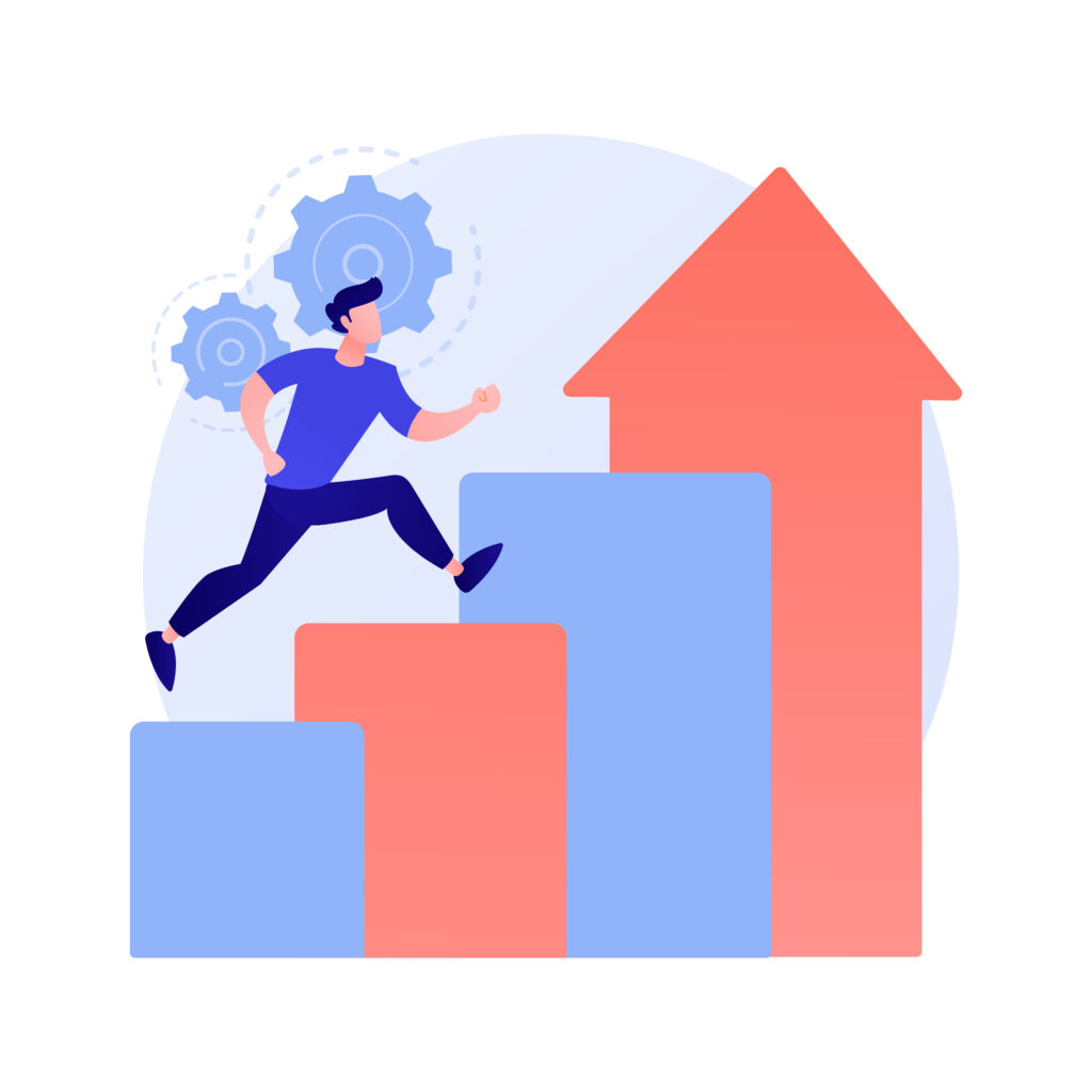 Illustration vectorielle montrant un homme courant vers le haut d’un graphique, symbolisant la réussite et la progression