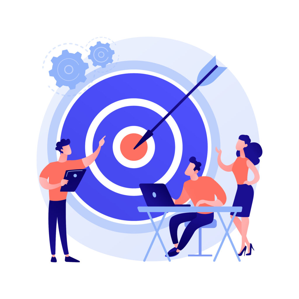 Illustration vectorielle de la gestion du personnel montrant trois personnes en situation de travail collaboratif en entreprise, avec une grande cible en arrière-plan, symbolisant les objectifs, l’organisation du travail et le management d’équipe.